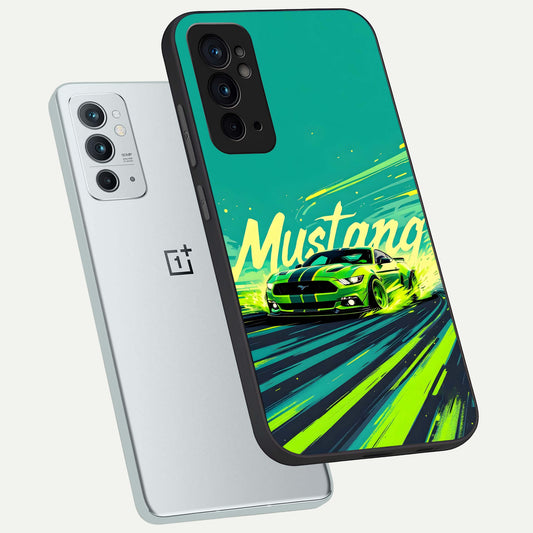 Mustang Bang phone case For OnePlus 9RT showing premium glass back cover with detailed artwork