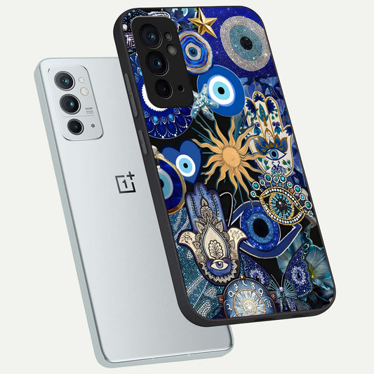 Mystic Blue Evil Eye phone case For OnePlus 9RT showing premium glass back cover with detailed artwork