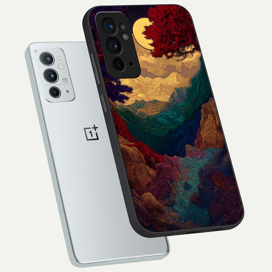 Mystic Valley Light phone case For OnePlus 9RT showing premium glass back cover with detailed artwork