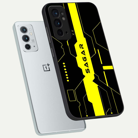 Neon CYBERPUNK Custom Name phone case For OnePlus 9RT showing premium glass back cover with detailed artwork