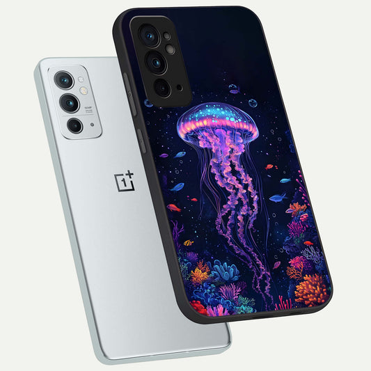 Neon Jellyfish phone case For OnePlus 9RT showing premium glass back cover with detailed artwork