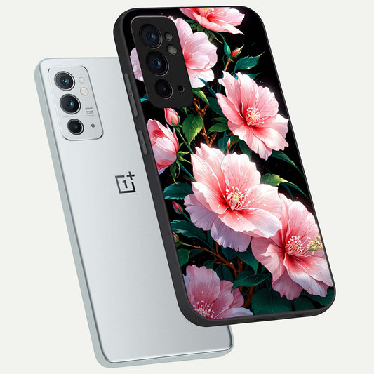Peach Flower phone case For OnePlus 9RT showing premium glass back cover with detailed artwork