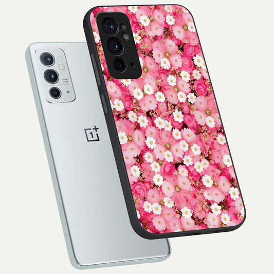 Pink Daisy Bliss phone case For OnePlus 9RT showing premium glass back cover with detailed artwork