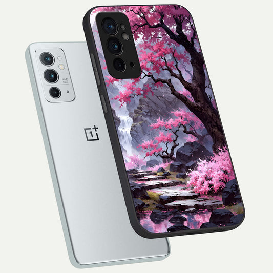 Pink Sunflower Glow phone case For OnePlus 9RT showing premium glass back cover with detailed artwork