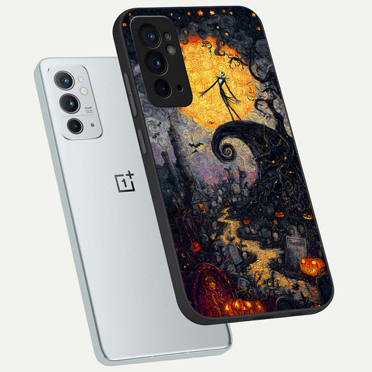 Pumpkin Moon Night phone case For OnePlus 9RT showing premium glass back cover with detailed artwork
