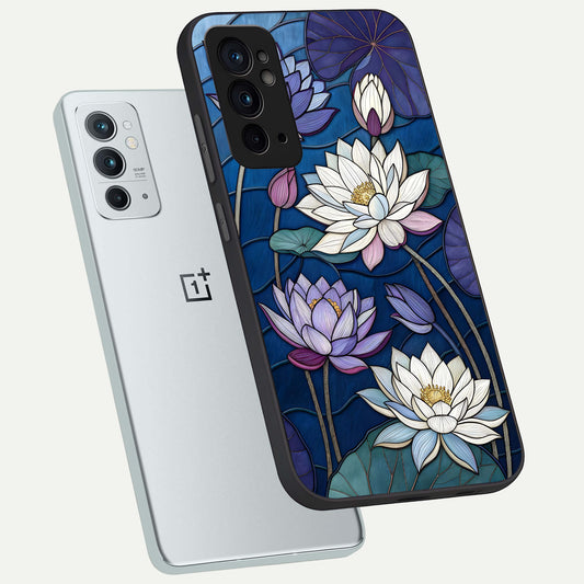Purple Lotus Stained phone case For OnePlus 9RT showing premium glass back cover with detailed artwork