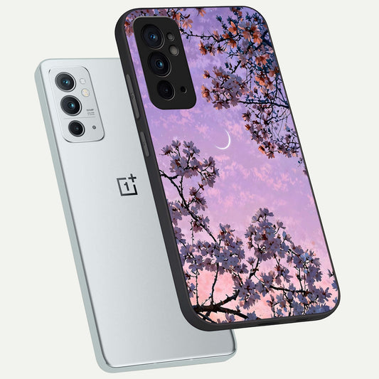 Purple Serenity Moon phone case For OnePlus 9RT showing premium glass back cover with detailed artwork