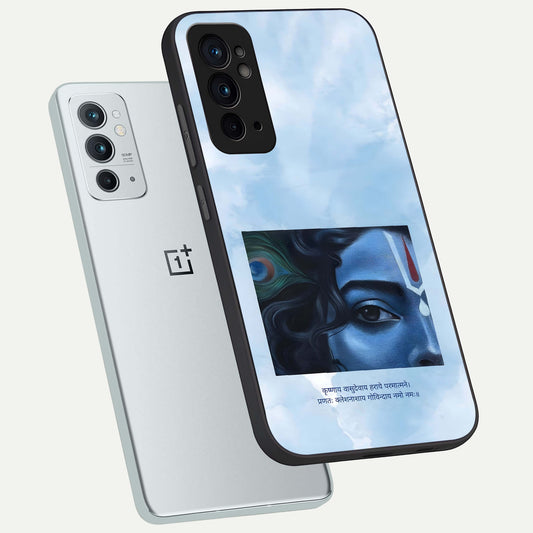 Spiritual Krishna phone case For OnePlus 9RT showing premium glass back cover with detailed artwork