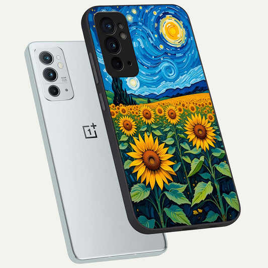 Starry Sunflower Dreams phone case For OnePlus 9RT showing premium glass back cover with detailed artwork