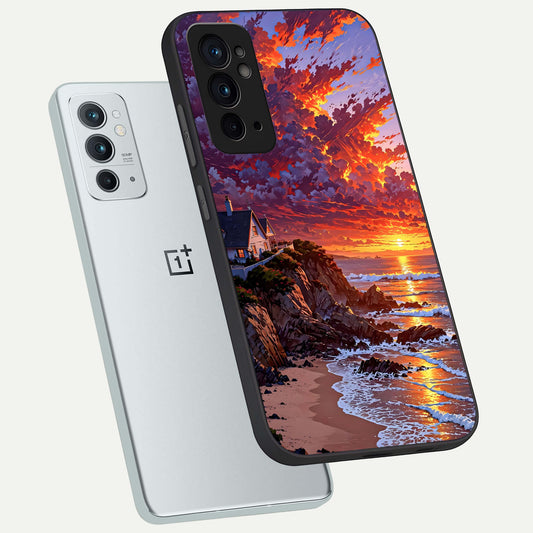 Sunset House By Sea phone case For OnePlus 9RT showing premium glass back cover with detailed artwork