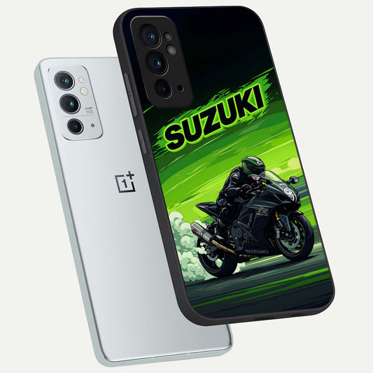 Suzuki Speed Beast phone case For OnePlus 9RT showing premium glass back cover with detailed artwork
