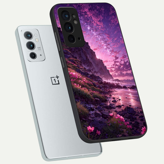 Twilight Blossom Coast phone case For OnePlus 9RT showing premium glass back cover with detailed artwork