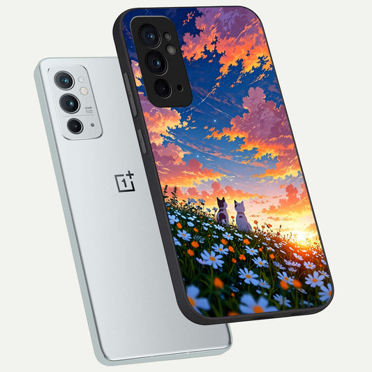 Two Cats Friends phone case For OnePlus 9RT showing premium glass back cover with detailed artwork