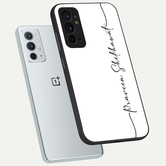 White Tune Custom Name phone case For OnePlus 9RT showing premium custom name glass back cover