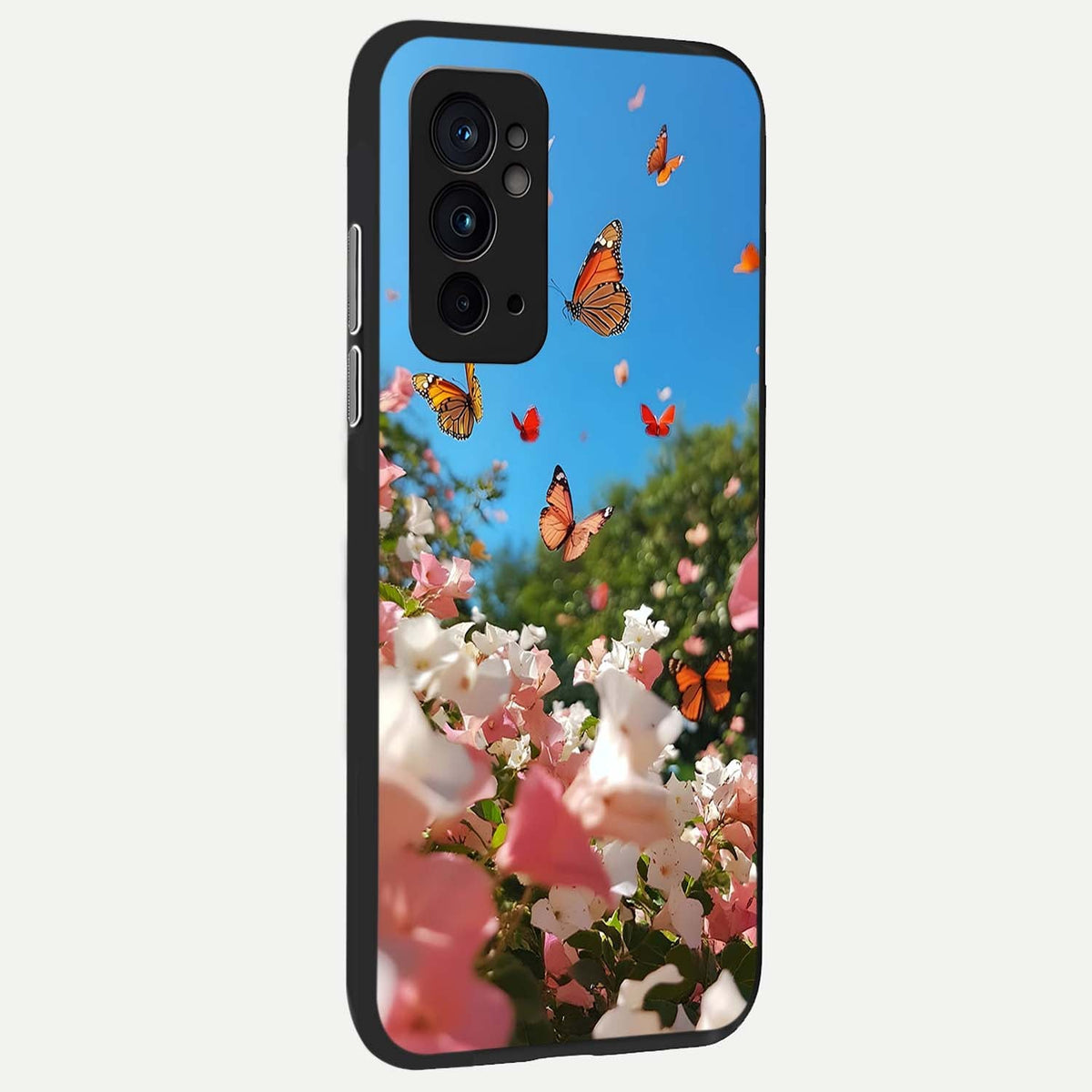 Butterflies In Bloom Sky back cover For OnePlus 9RT slim fit glass case with vibrant aesthetic design
