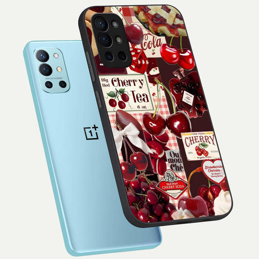 Aesthetic Cherry Tea phone case For OnePlus 9R showing premium glass back cover with detailed artwork