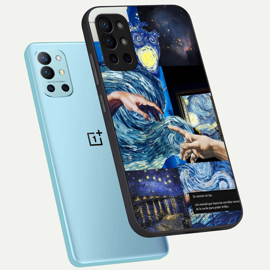 Aesthetic Vando Hands phone case For OnePlus 9R showing premium glass back cover with detailed artwork