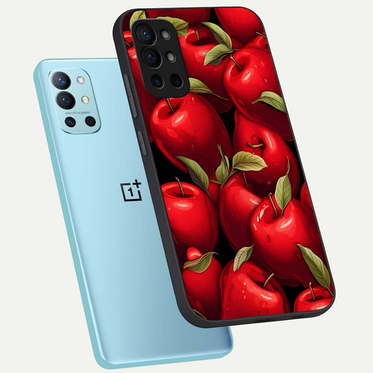 Apple Pattern phone case For OnePlus 9R showing premium glass back cover with detailed artwork