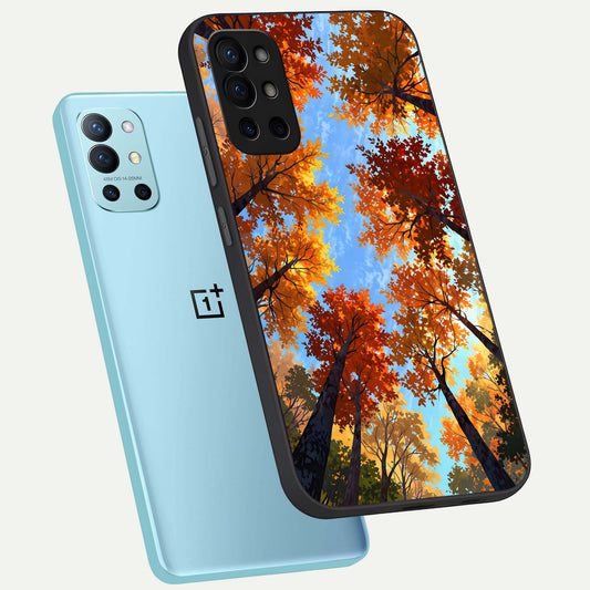 Autumn Sky Rise phone case For OnePlus 9R showing premium glass back cover with detailed artwork