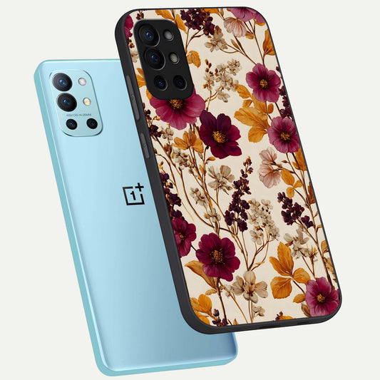 Autumn Wine Bloom phone case For OnePlus 9R showing premium glass back cover with detailed artwork