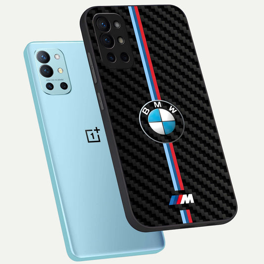 BMW Pattern phone case For OnePlus 9R showing premium glass back cover with detailed artwork