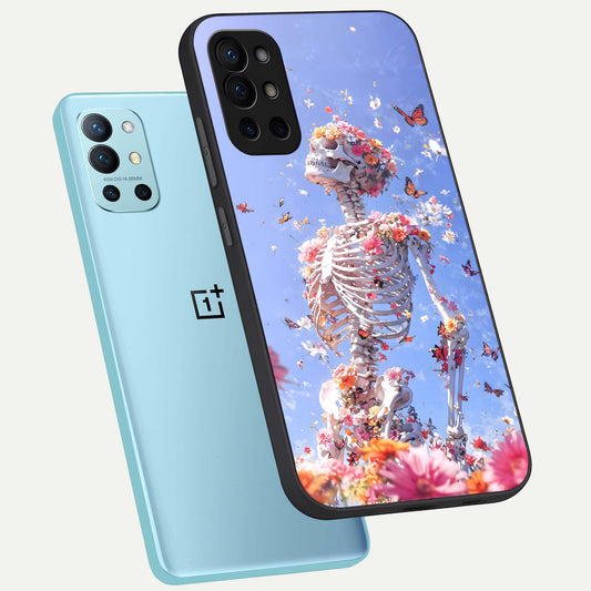 Bloom Beyond Bones phone case For OnePlus 9R showing premium glass back cover with detailed artwork