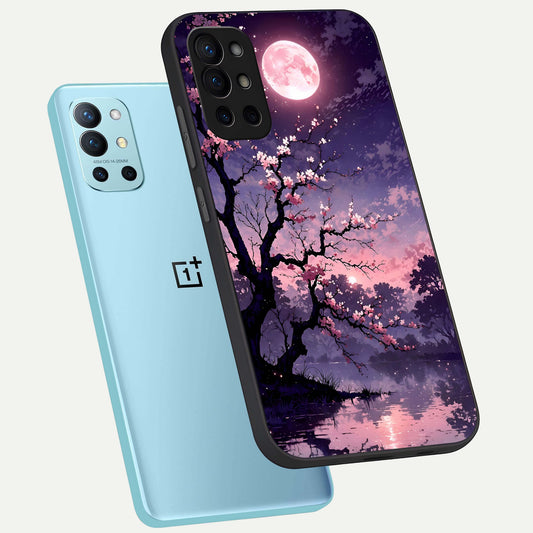 Blossom Pink Moon phone case For OnePlus 9R showing premium glass back cover with detailed artwork