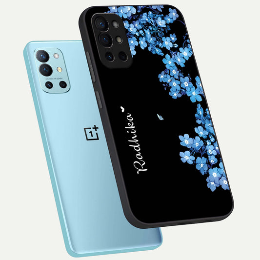 Blue Petal Dream Custom Name phone case For OnePlus 9R showing premium glass back cover with detailed artwork