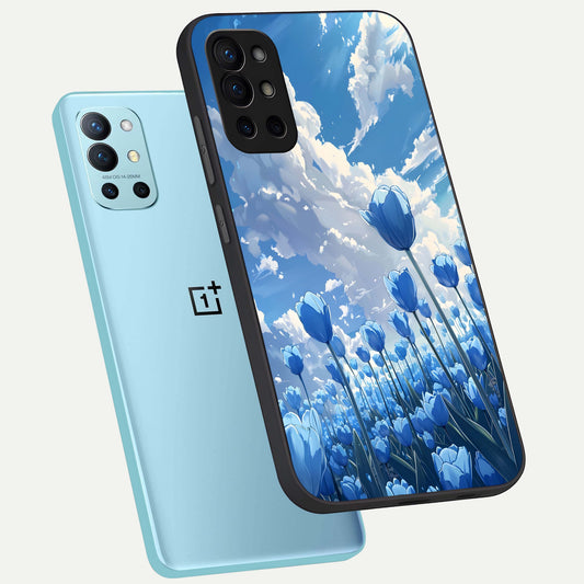 Blue Tulip Clouds phone case For OnePlus 9R showing premium glass back cover with detailed artwork