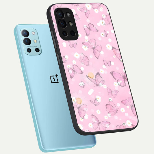 Blush Butterfly Garden phone case For OnePlus 9R showing premium glass back cover with detailed artwork