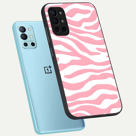 Blush Zebra Flow phone case For OnePlus 9R showing premium glass back cover with detailed artwork