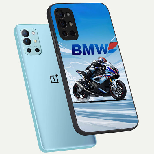 BMW Power Drift phone case For OnePlus 9R showing premium glass back cover with detailed artwork
