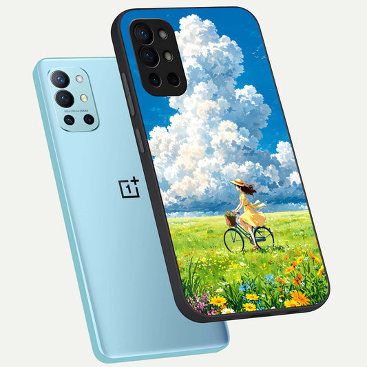 Breezy Meadow Ride phone case For OnePlus 9R showing premium glass back cover with detailed artwork