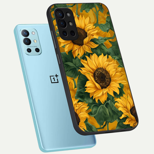 Bright Sunflower Bloom phone case For OnePlus 9R showing premium glass back cover with detailed artwork