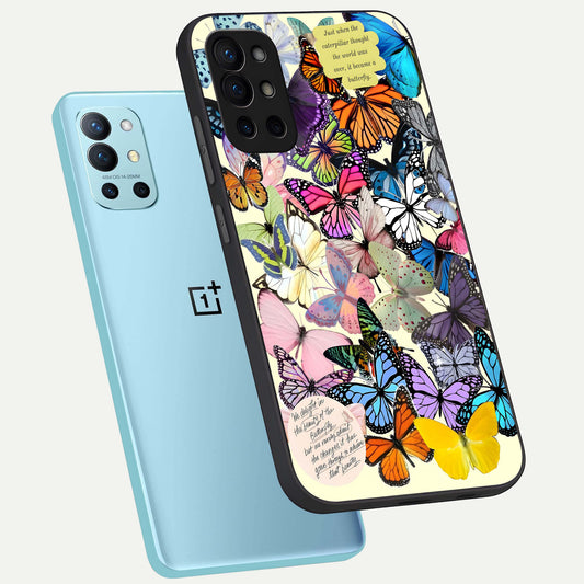 Butterflies Petal Dream phone case For OnePlus 9R showing premium glass back cover with detailed artwork
