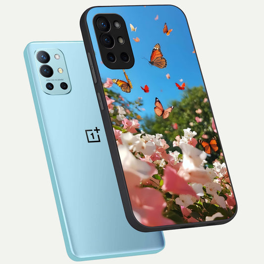 Butterflies In Bloom Sky phone case For OnePlus 9R showing premium glass back cover with detailed artwork