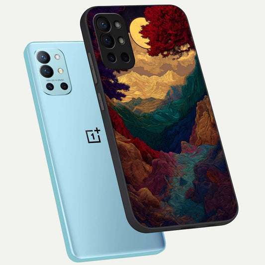 Mystic Valley Light phone case For OnePlus 9R showing premium glass back cover with detailed artwork