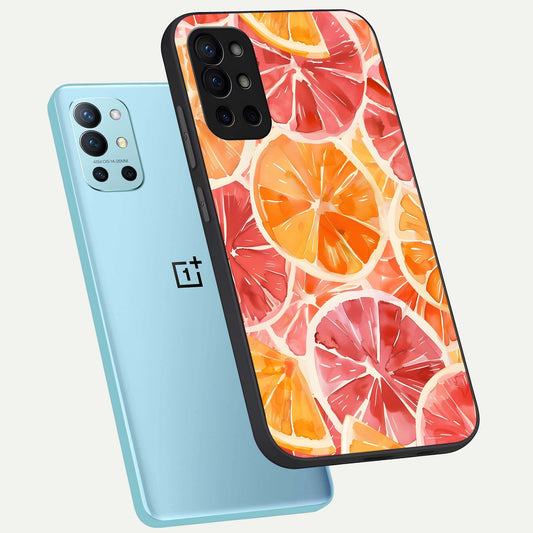 Orange Fruits Pattern phone case For OnePlus 9R showing premium glass back cover with detailed artwork