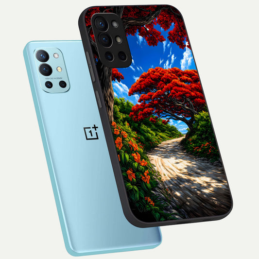 Red Trees Pathway phone case For OnePlus 9R showing premium glass back cover with detailed artwork