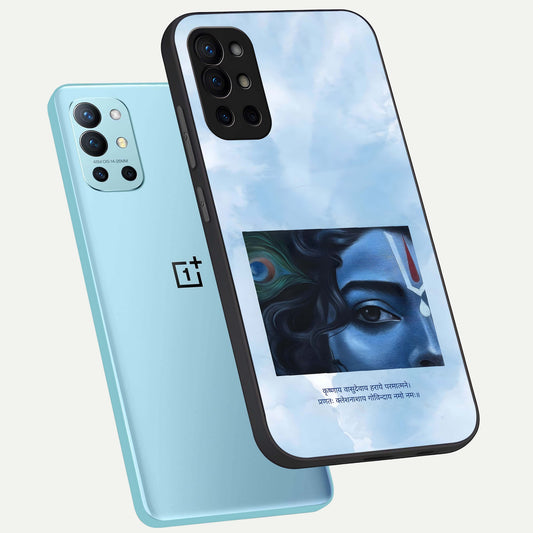 Spiritual Krishna phone case For OnePlus 9R showing premium glass back cover with detailed artwork