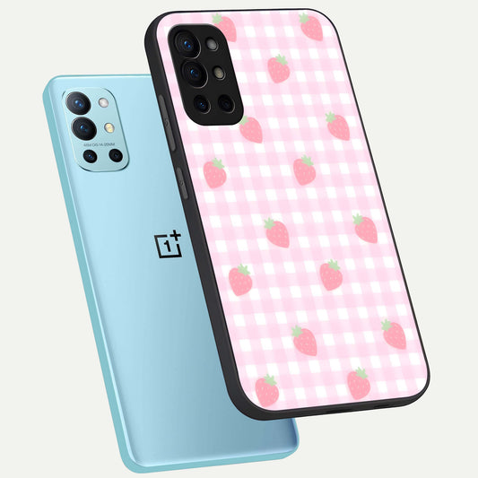 Strawberry Picnic Love phone case For OnePlus 9R showing premium glass back cover with detailed artwork