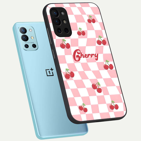 Sweet Cherry Vibes phone case For OnePlus 9R showing premium glass back cover with detailed artwork