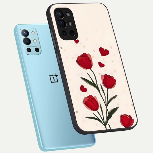 Tulip With Heart phone case For OnePlus 9R showing premium glass back cover with detailed artwork
