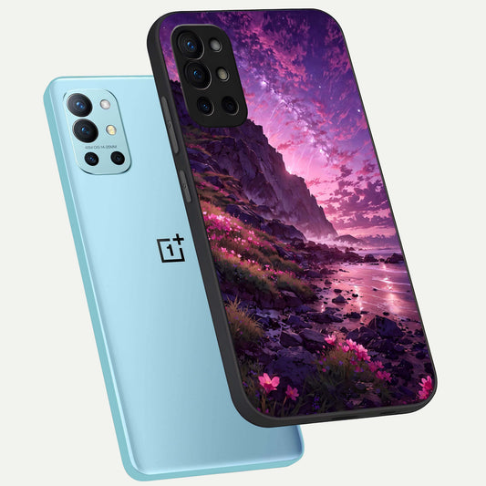 Twilight Blossom Coast phone case For OnePlus 9R showing premium glass back cover with detailed artwork