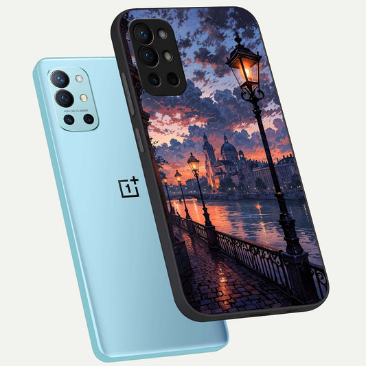 Twilight River Lights phone case For OnePlus 9R showing premium glass back cover with detailed artwork