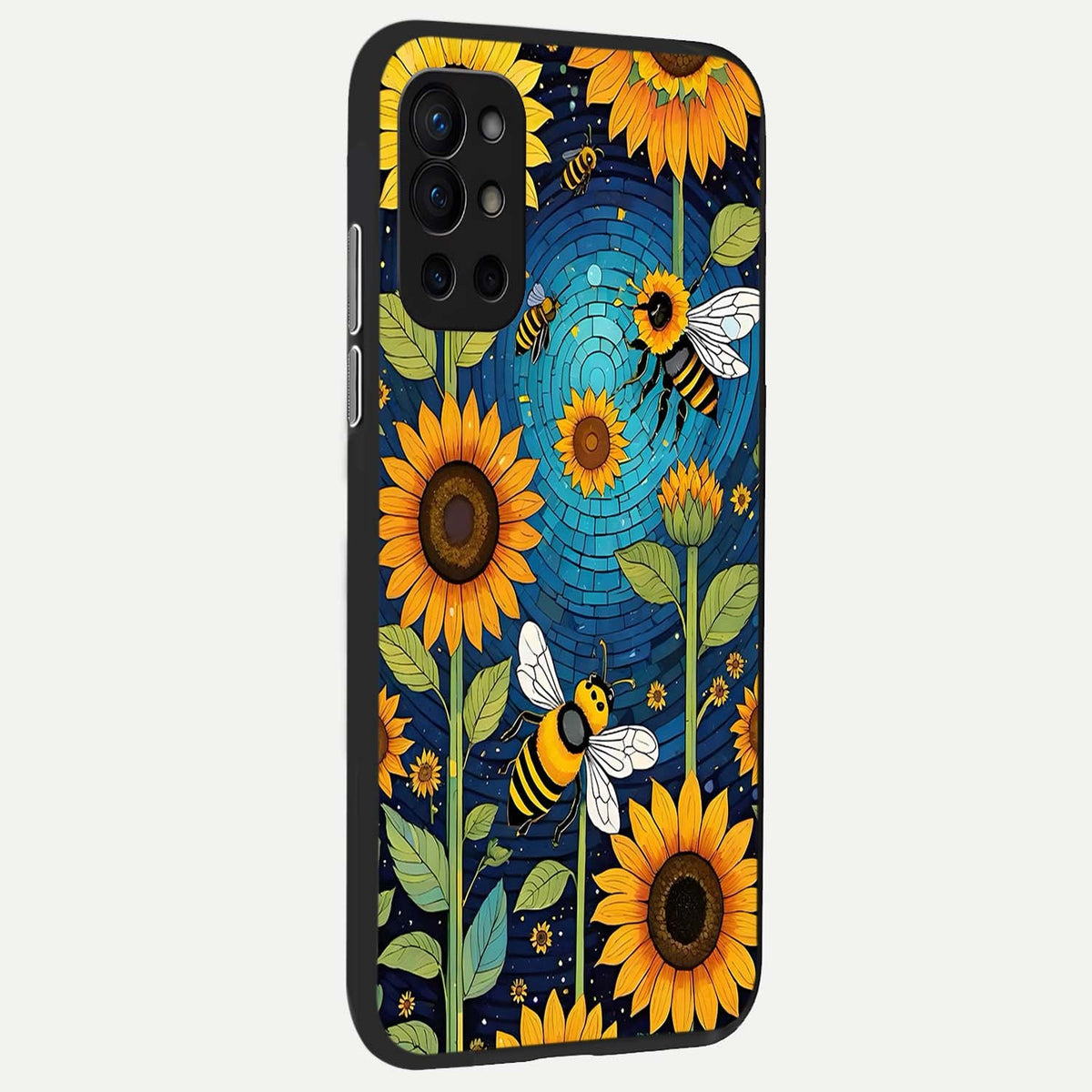 Bees And Sunflowers back cover For OnePlus 9R slim fit glass case with vibrant aesthetic design
