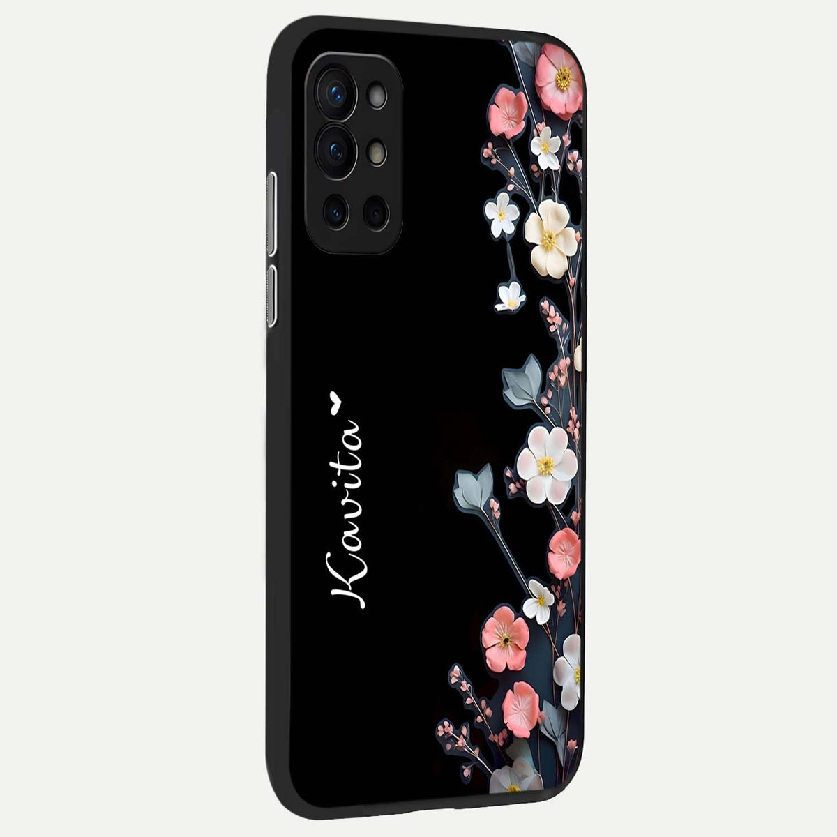 Black Elegance Floral Custom Name back cover For OnePlus 9R slim fit glass case with vibrant aesthetic design