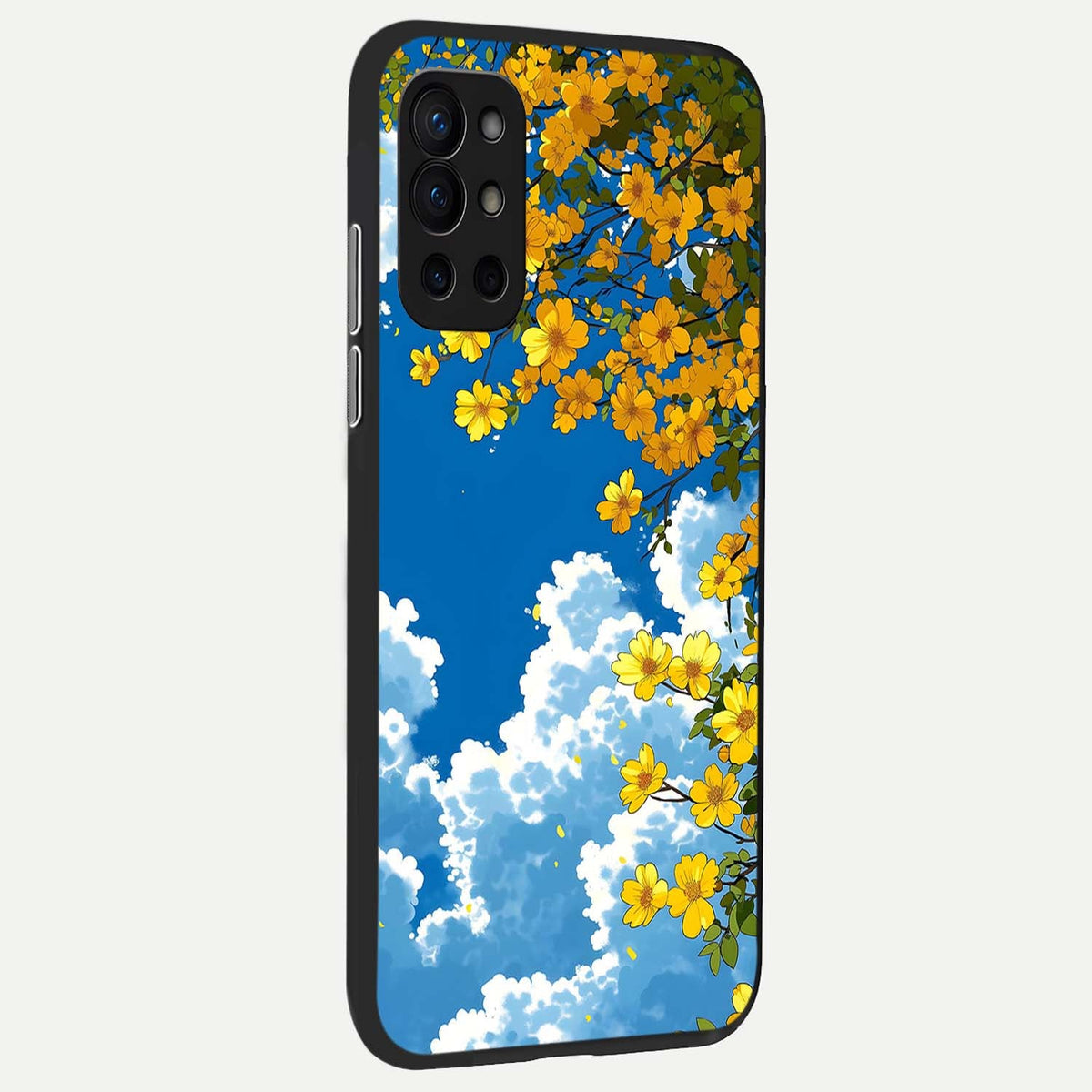Golden Petal Sky back cover For OnePlus 9R slim fit glass case with vibrant aesthetic design