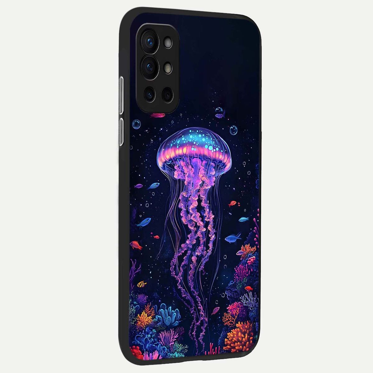 Neon Jellyfish back cover For OnePlus 9R slim fit glass case with vibrant aesthetic design
