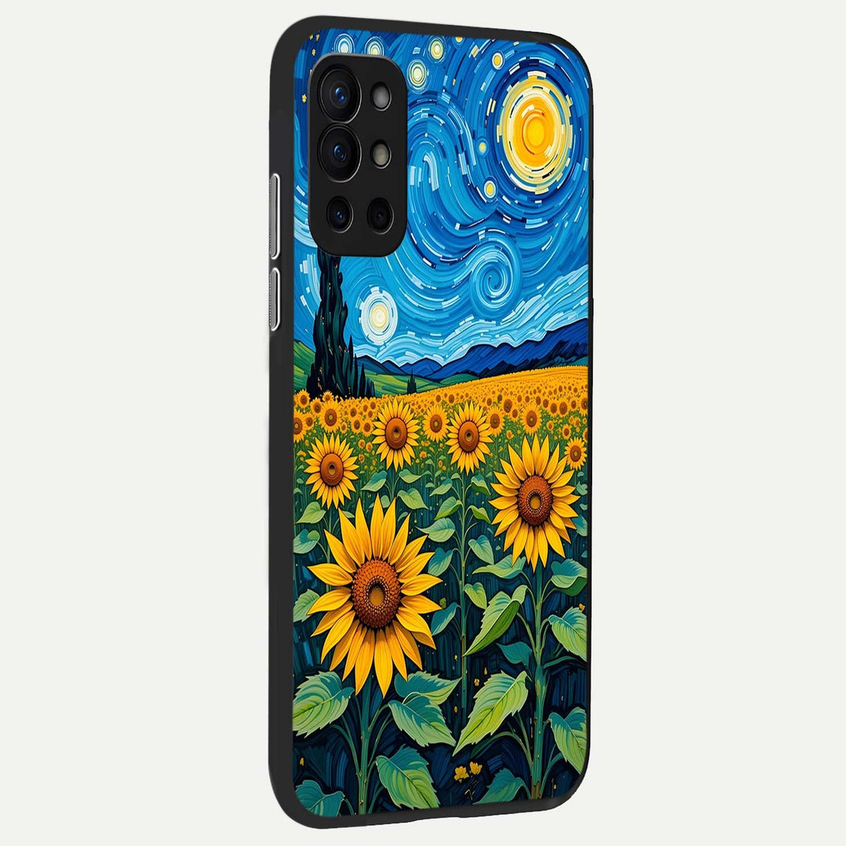 Starry Sunflower Dreams back cover For OnePlus 9R slim fit glass case with vibrant aesthetic design